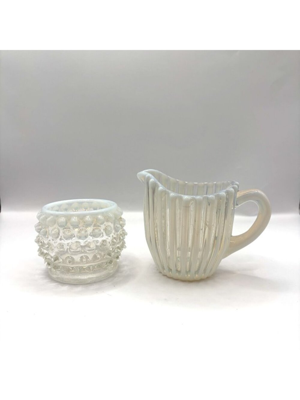 Vintage Opalescent Glass Hobnail Sugar Bowl and Ribbed Creamer Set